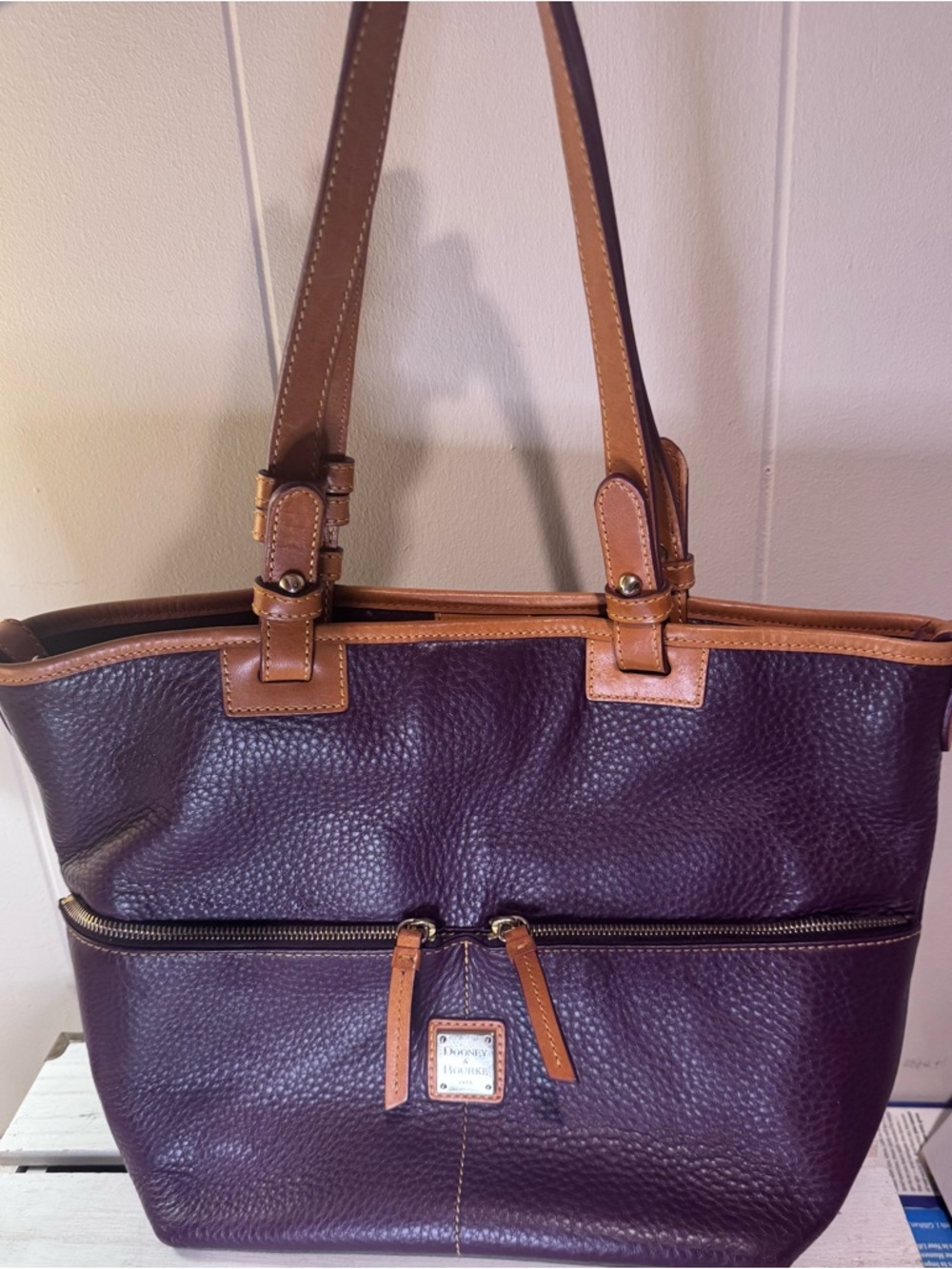 Dooney & Bourke Pebbled Leather Tote Brown Zip Pocket Shoulder Bag